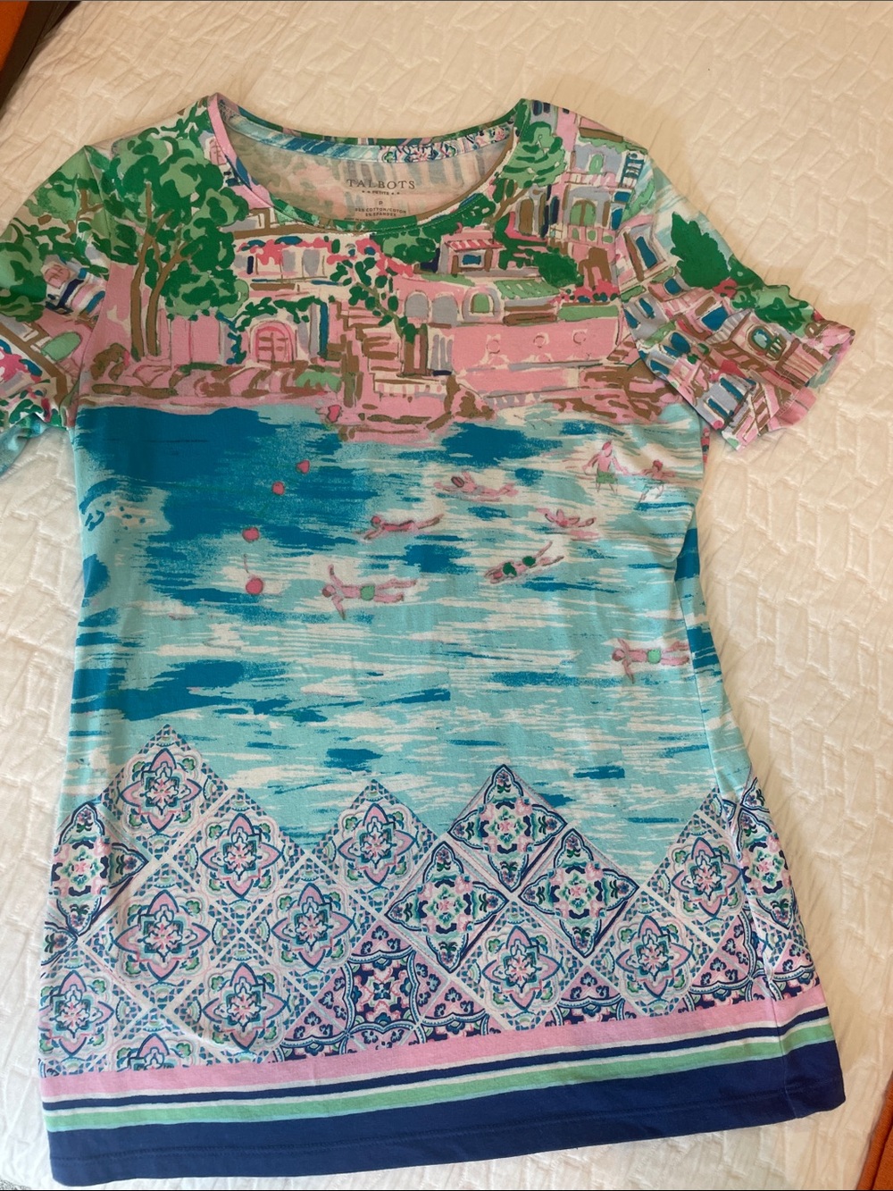 Talbots Scenic Watercolor Print Tee in Aqua, Pink & Green